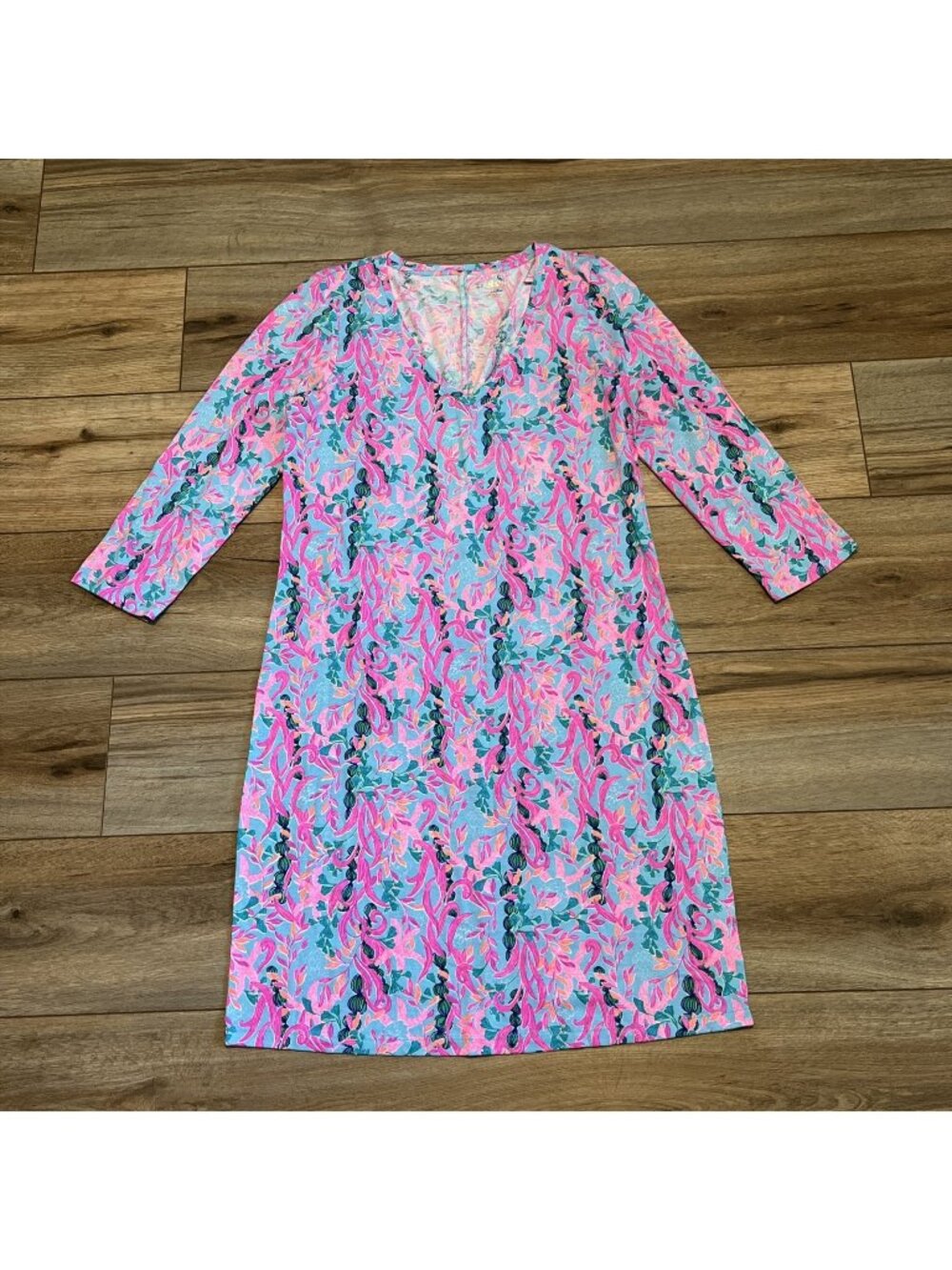 Lilly Pulitzer Tessa 3/4 Sleeve V Neck Dress SZ Medium Seaweed Samba Blue Pink